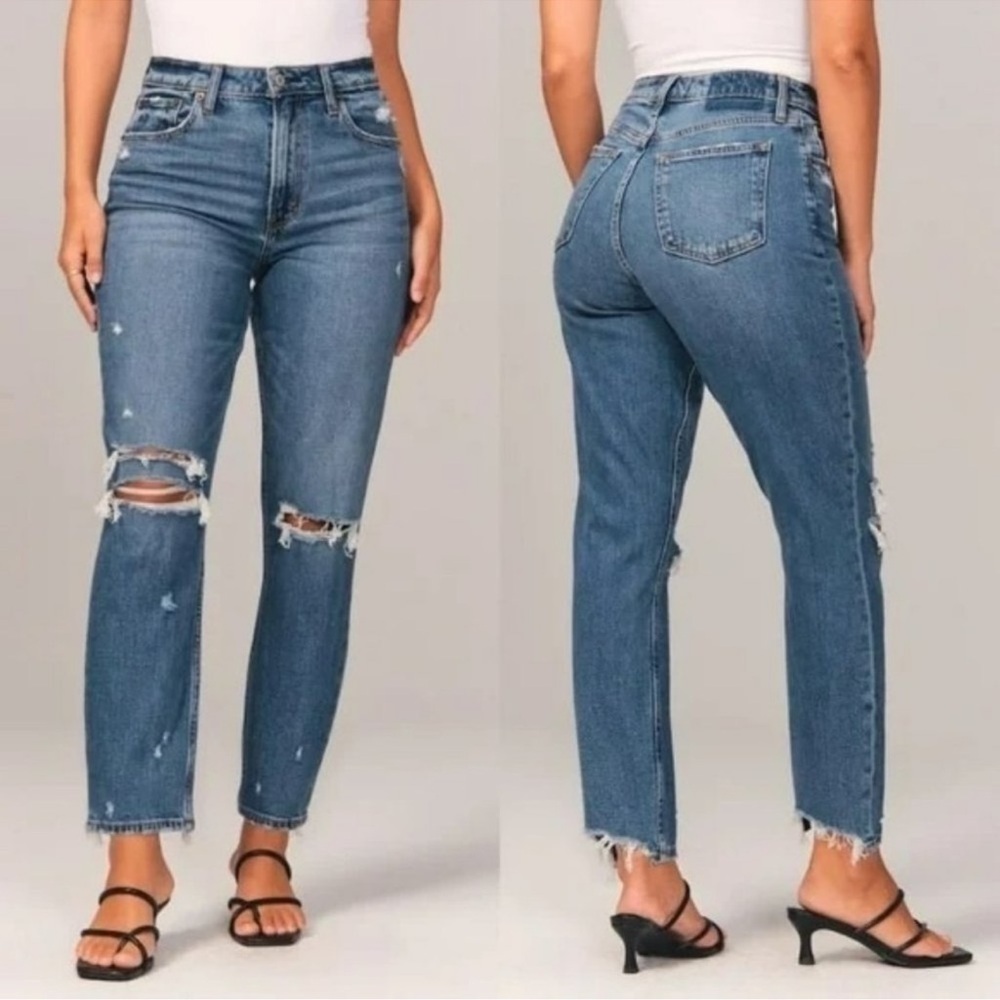 Abercrombie & Fitch Women’s The Mom High Rise Jeans Distressed Medium Wash 28/6R
